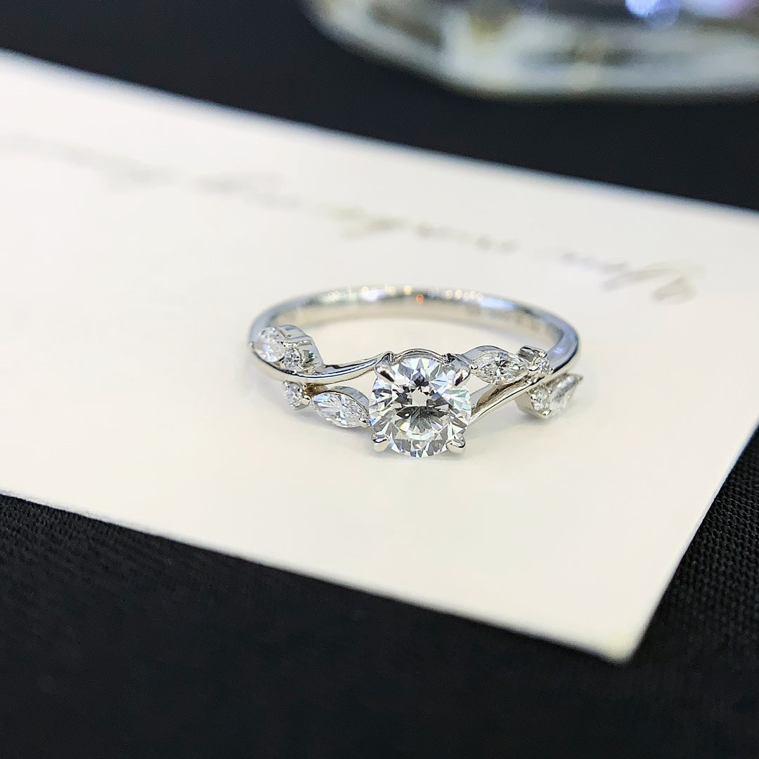 Round Solitaire Vine Accent Ring