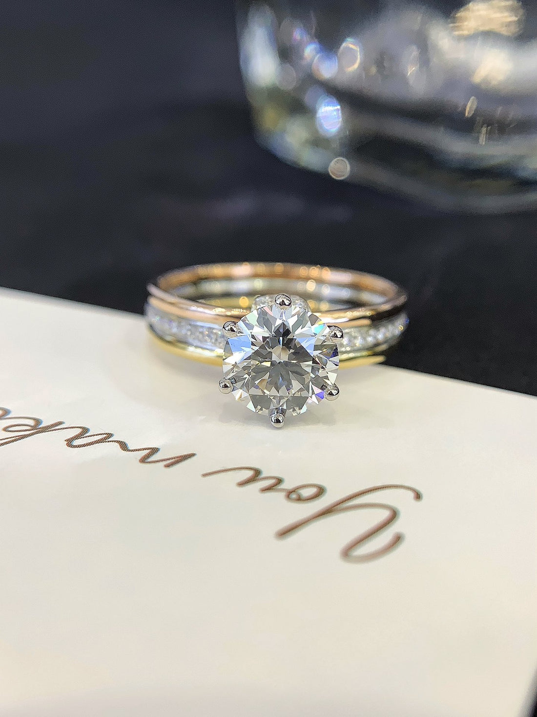 Round Cut Diamond Tri-Tone Pavé Stacked Engagement Ring