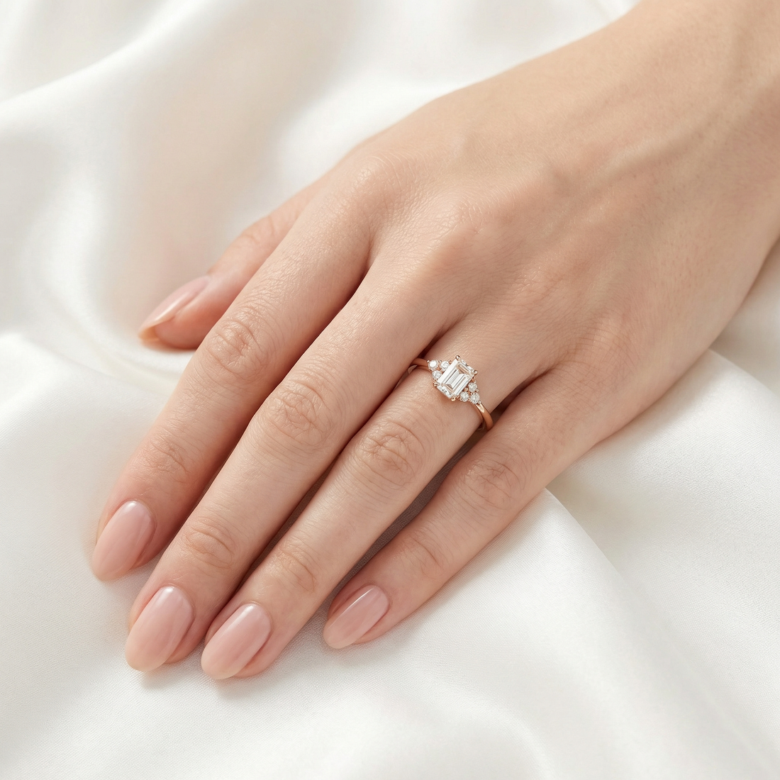 Emerald-Cut Diamond Ring with Floral Side Accents